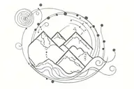 fine line tattoo that includes mountain outline, a wave spiral, and colored chakra dots tattoo design idea