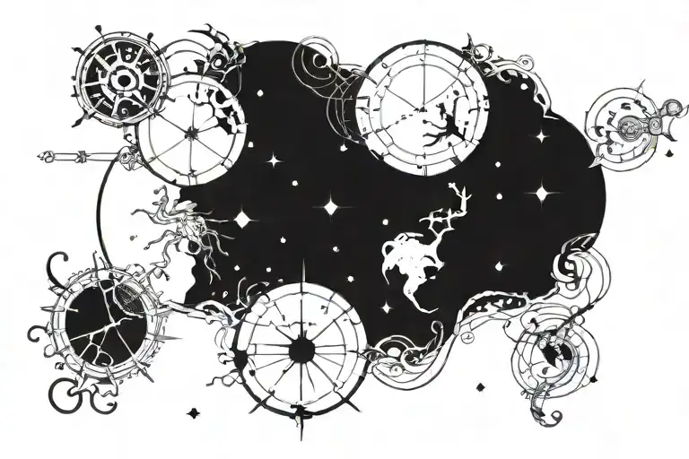 A celestial map of the zodiac signs Cancer, Gemini, and Scorpio intertwined with intricate constellations tattoo design idea
