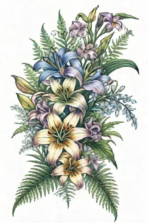 day lily, aster, fern, lupine, buttercup, blue eyed grass  flowers tattoo design idea