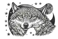 A lonely wolf staring at the moon and the stars at Vincent Van Gogh's Starry Night Painting tattoo design idea