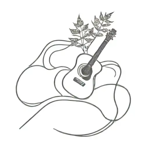 A minimalist outline of a hiking trail winding around a guitar and weed leaf tattoo design idea