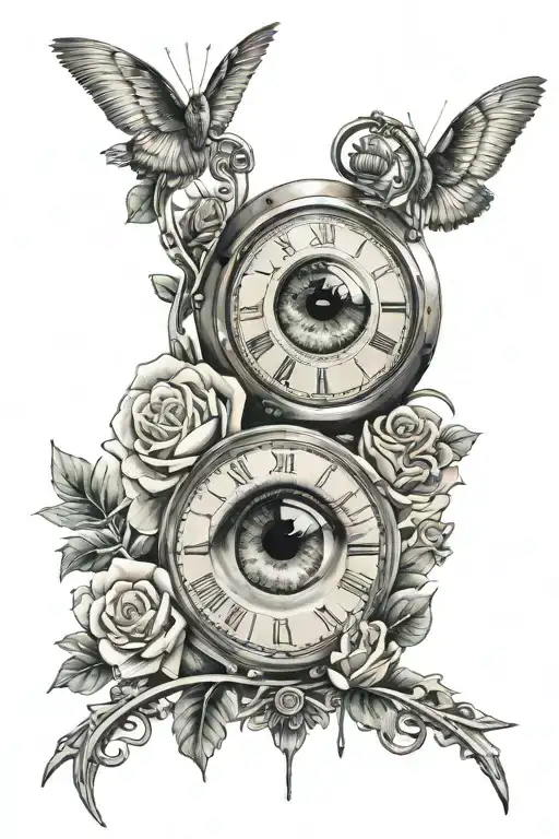 eye clock rose flamingo train track winding tattoo design idea