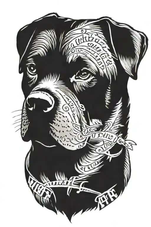 Rottweiler with words "What if" written inside in a script font tattoo design idea