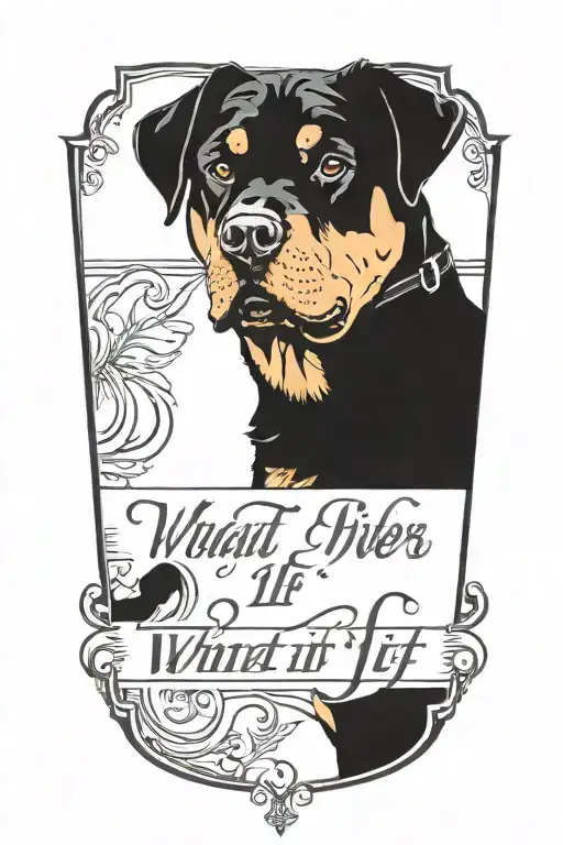 Rottweiler with the words "What if" in a cursive font tattoo design idea