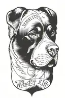 Rottweiler with words "What if" written inside in a script font tattoo design idea