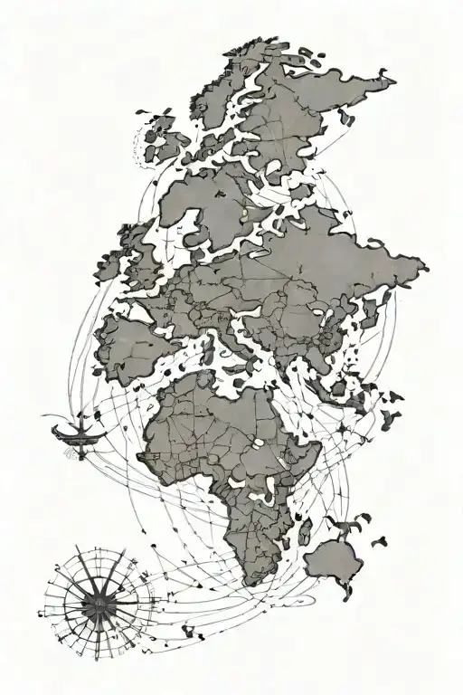 An intricate world map with a dotted line connecting the birthplaces of the husband and wife, representing their shared love for travel tattoo design idea