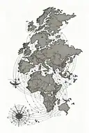 An intricate world map with a dotted line connecting the birthplaces of the husband and wife, representing their shared love for travel tattoo design idea