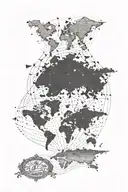 An intricate world map with a dotted line connecting the birthplaces of the husband and wife, representing their shared love for travel tattoo design idea