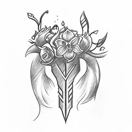 A sketch style tattoo of a dagger piercing through a bleeding heart, surrounded by delicate flower petals tattoo design idea