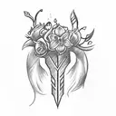 A sketch style tattoo of a dagger piercing through a bleeding heart, surrounded by delicate flower petals tattoo design idea