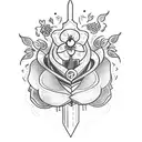 A sketch style tattoo of a dagger piercing through a bleeding heart, surrounded by delicate flower petals tattoo design idea