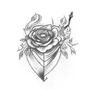A sketch style tattoo of a dagger piercing through a bleeding heart, surrounded by delicate flower petals tattoo design idea