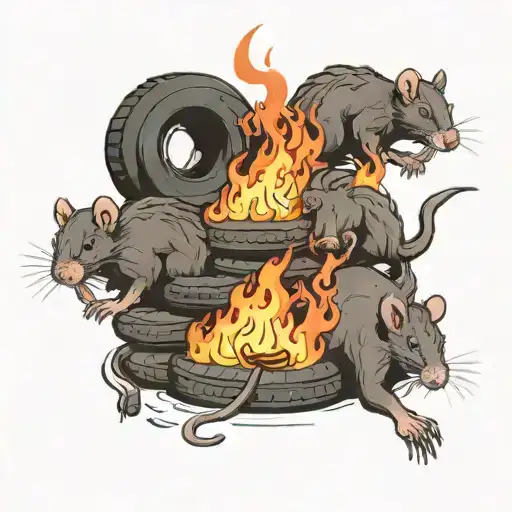 a pile of tires burning, and 3 rats with half of their body smoking runing on circles around the fire tattoo design idea