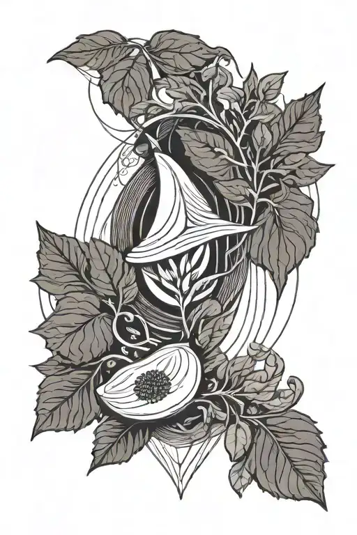 Simple north needle, eggplant branches and leaves, and waves tattoo design idea