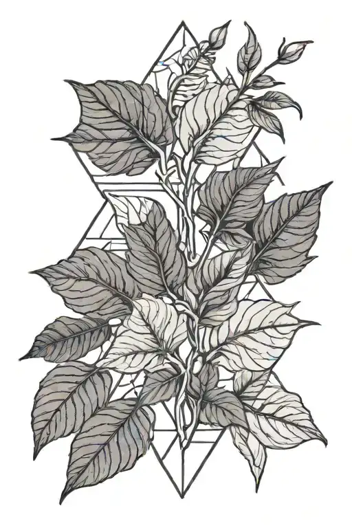 Simple north needle, eggplant branches and leaves, and linear waves tattoo design idea