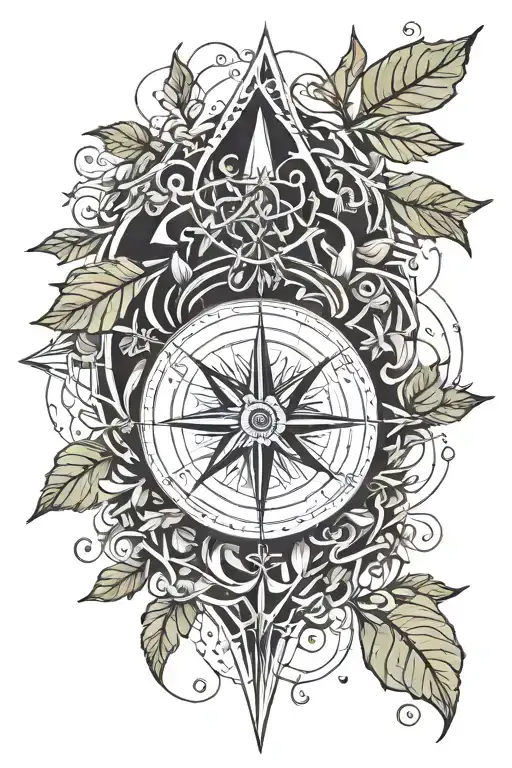 Compass and eggplant branches and leaves and linear waves tattoo design idea