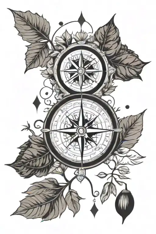 Compass and eggplant branches and leaves tattoo design idea