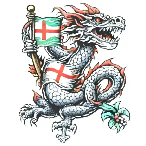 traditional dragon with italian flag, cross of st george incorporated with some gum nuts tattoo design idea