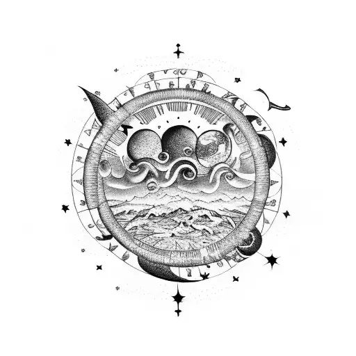 A celestial scene with the sun, moon, and stars in a Pisces constellation formation tattoo design idea