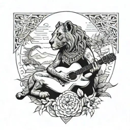 A lioness playing a guitar surrounded by lush greenery and ancient Egyptian symbols of protection and new beginnings tattoo design idea