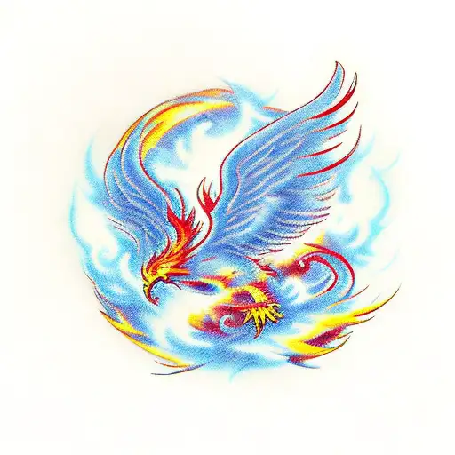 A tattoo design of a burning phoenix rising from the ashes with its wings spread wide, and behind it, a cross standing t tattoo design idea