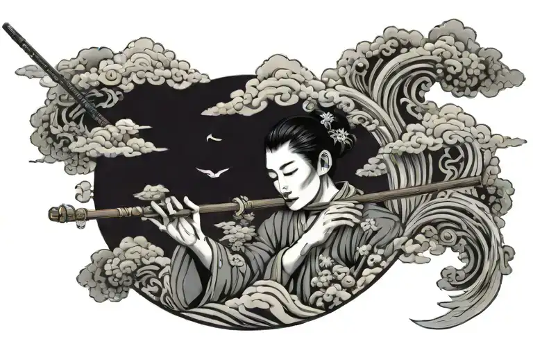 Playing the flute among the clouds tattoo design idea