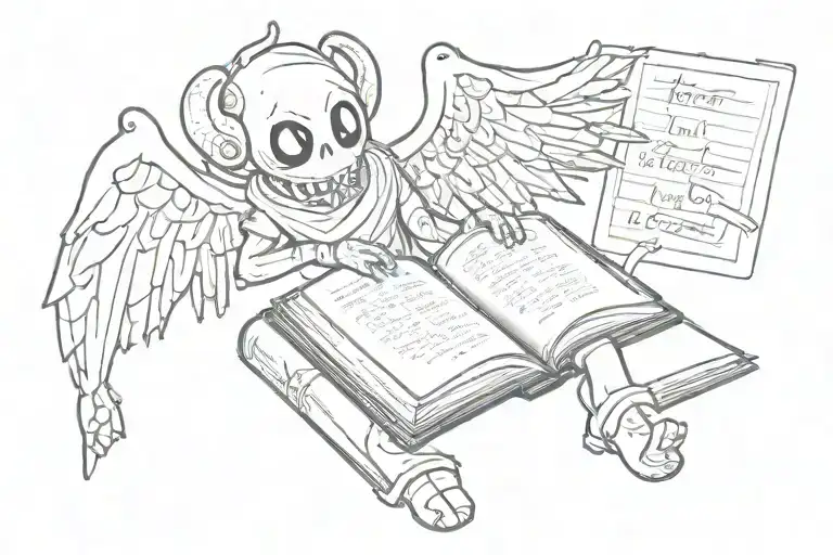 A sketch tattoo of Azazel from Binding of Isaac reading a book from Stardew Valley tattoo design idea