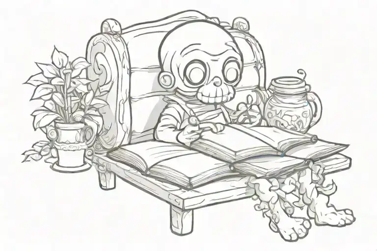 A sketch tattoo of a character from Binding of Isaac reading a book from Stardew Valley tattoo design idea