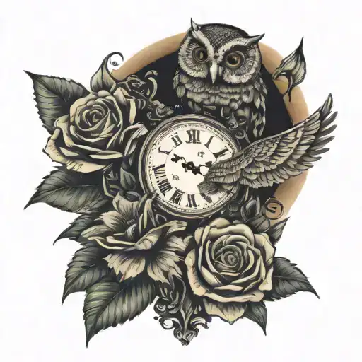 roses, pocket watch, sunflower, owl, sunset sky, Alice in wonerland   tattoo design idea
