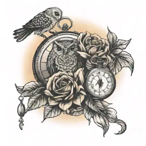 roses, pocket watch, sunflower, owl, sunset sky tattoo design idea