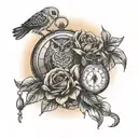 roses, pocket watch, sunflower, owl, sunset sky tattoo design idea