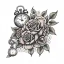roses, pocket watch, sunflower, owl, sunset sky tattoo design idea