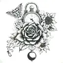 roses, pocket watch, sunflower, owl, sunset sky tattoo design idea