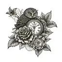 roses, pocket watch, sunflower, owl, sunset sky tattoo design idea