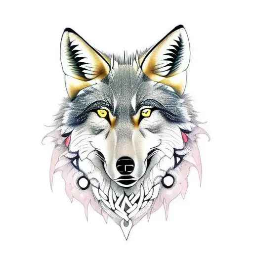Half wolf head and half fox head with viking relics. tattoo design idea