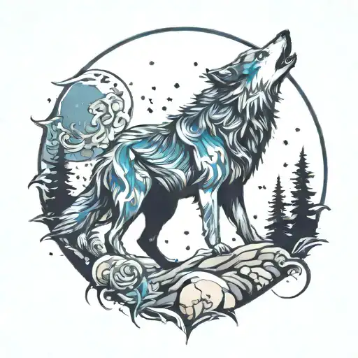A wolf silhouette howling at the moon, surrounded by a cosmic background tattoo design idea