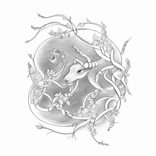 A Capricorn constellation intertwined with vines and flowers tattoo design idea