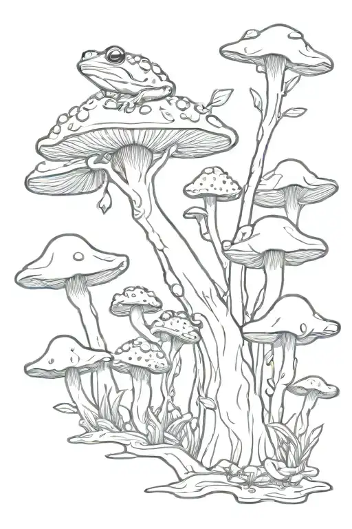 tree with mushrooms and frogs tattoo design idea