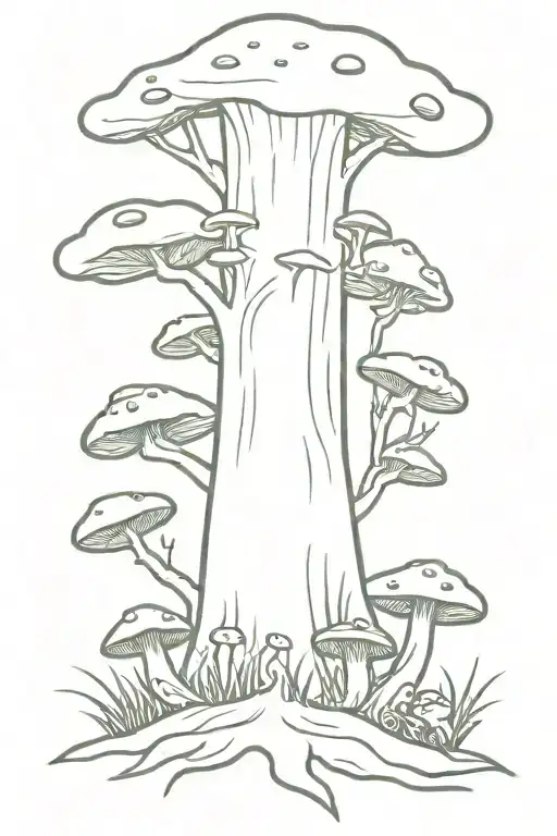 tree with mushrooms and frogs at the base of tree tattoo design idea