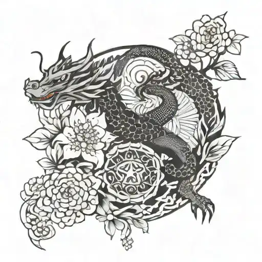 sakura flower and mandala and dragon tattoo design idea