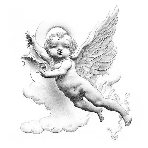 A group of cherubs forming a heist plan to steal golden wings from the gates of heaven tattoo design idea