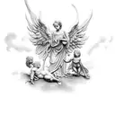 A group of cherubs forming a heist plan to steal golden wings from the gates of heaven tattoo design idea