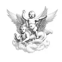 A group of cherubs forming a heist plan to steal golden wings from the gates of heaven tattoo design idea