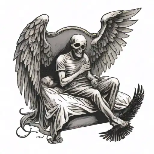 Death with wings watching over a scared child sitting in bed. There is a tombstone above the child. Universe background tattoo design idea