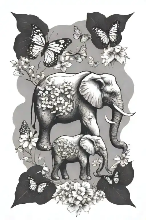 one elephant with wildflowers, butterflies, and honeybees  tattoo design idea