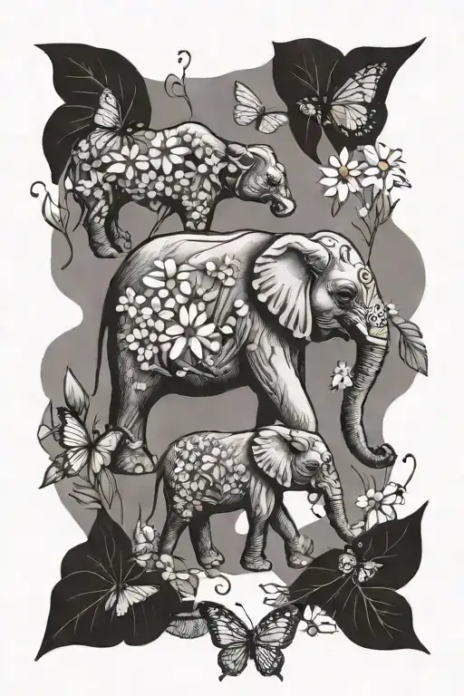 Elephant with wildflowers, butterflies, and honeybees  tattoo design idea
