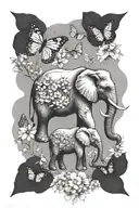 one elephant with wildflowers, butterflies, and honeybees  tattoo design idea