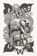 one elephant with wildflowers, butterflies, and honeybees  tattoo design idea