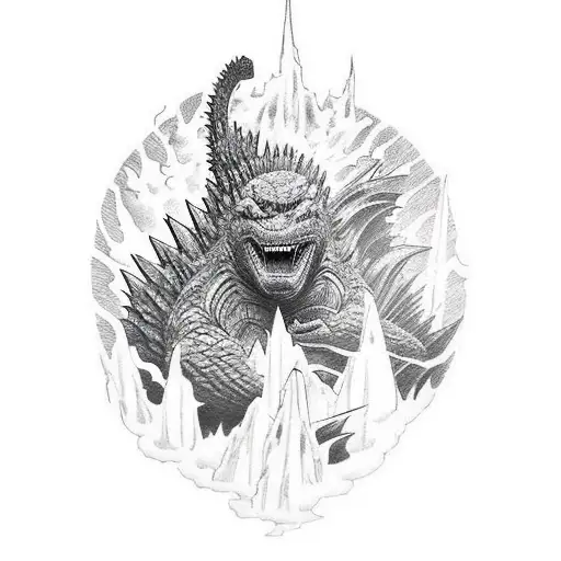godzilla in a destroyed city tattoo design idea