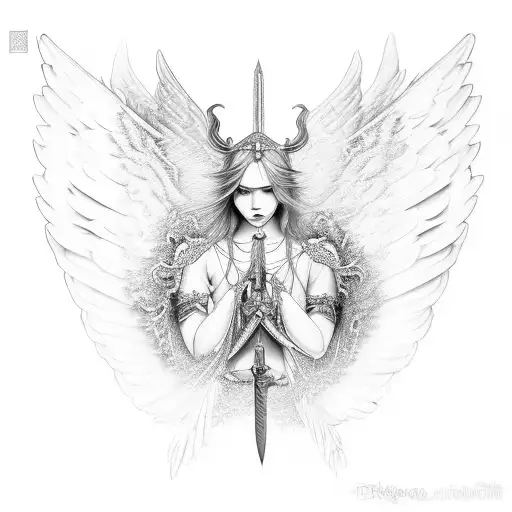 one sword with feminine angel wings on the sides tattoo design idea
